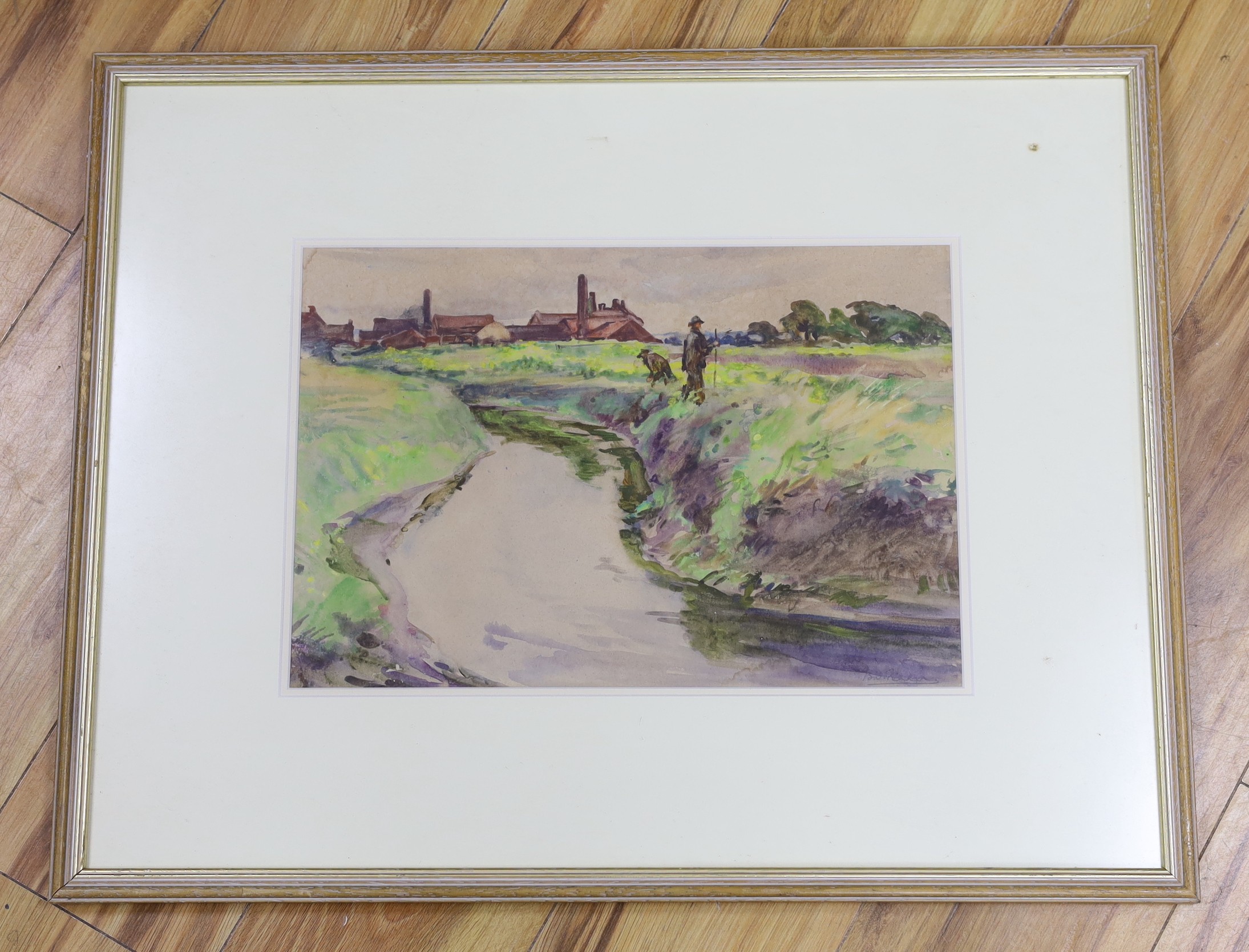 Beatrice S. Pedder, watercolour, Anglers beside a stream, signed in pencil, 28 x 41cm